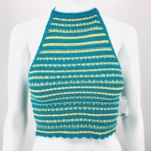 NWT 100% Cotton Crochet Knit Crop Halter Top -Blue